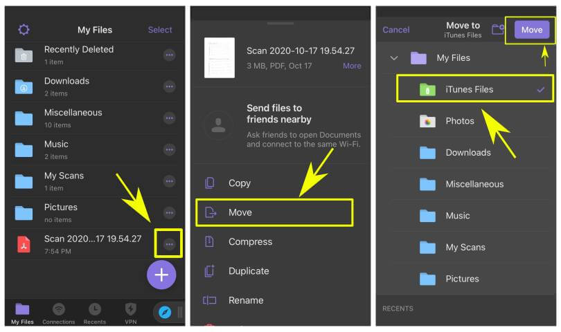 Move files to iTunes file folder of Documents App